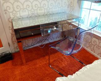 Mirrored desk, acrylic chair