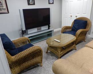 Sofa, all weather wicker pair of chairs & coffee table, TV