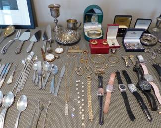 Sterling silver serving pieces, jewelry & watches