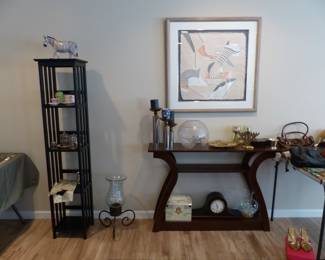 Bric-a-brac, console table, narrow bookcase/display shelves