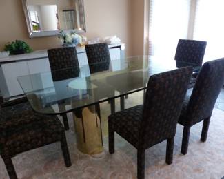 Vintage glass top & brass base dining table with 6 upholstered chairs (hanging mirror "NOT FOT SALE")