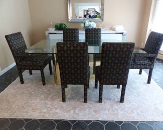Vintage glass top & brass base dining table with 6 upholstered chairs (hanging mirror "NOT FOT SALE")