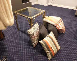 Brass & glass side table, accent pillows