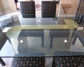Vintage glass top & brass base dining table with 6 upholstered chairs (hanging mirror "NOT FOT SALE")