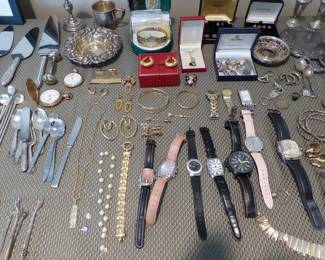 Sterling silver serving pieces, jewelry & watches