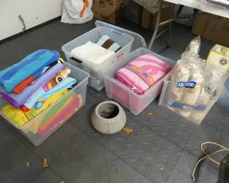 Assorted items including vintage tuba, kitchen items, golf clubs, beach towels, sled