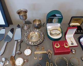 Sterling silver serving pieces, jewelry & watches