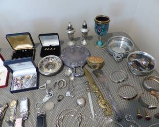 Sterling silver serving pieces, jewelry & watches