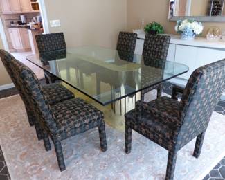 Vintage glass top & brass base dining table with 6 upholstered chairs (hanging mirror "NOT FOT SALE")