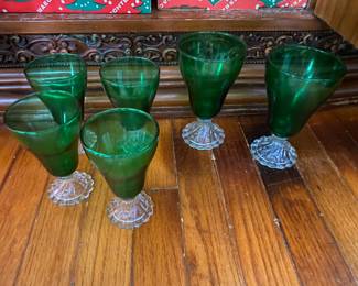 Vintage Anchor Hocking Emerald Green Burple Water Glasses, Champagne, Wine