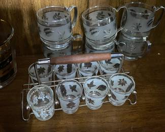 Mid Century Libby Glass Silver Leaf Shot Glasses with Caddy 