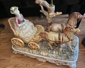 Antique Italian Porcelain Stage Coach Lamp HUGE!! Silk Fringe Shade