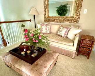 Custom Sofa, enormous gilt mirror (must see to appreciate how pretty this is), suede ottoman, wicher side table, majhong sets and more