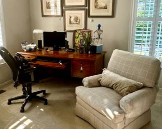 Custom covered chair, velvet lumbar pillow, etchings from the early 1900's, computer, shredder, printer...