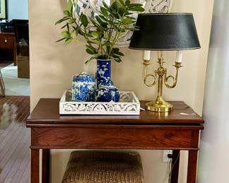 Antique English card table, Brass lamps, alligator foot stool and a host of blue and white vases/jars/decor