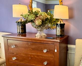 Antique storage chest, English tole lamps, stunning gilt mirror