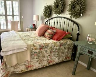 King Iron Bed with custom coverlet and pillows