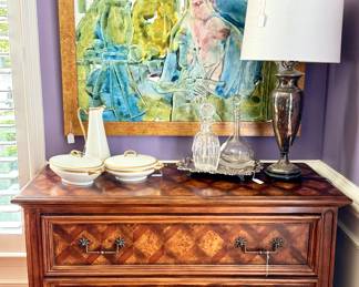 Silver trophy lamp. Ethan Allen chest/dresser, ART