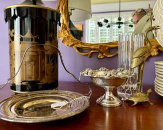 Sterling Silver pieces, Candlesticks, Bacarrat vase, English tole lamps....