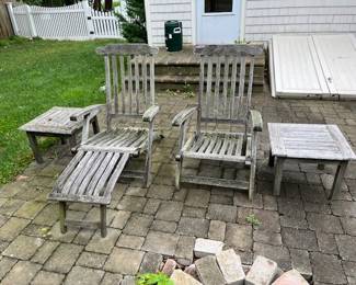 Kingsley Bates teak steamer (2 available-1 with footrest that needs to be repaired) 2 matching side tables.
