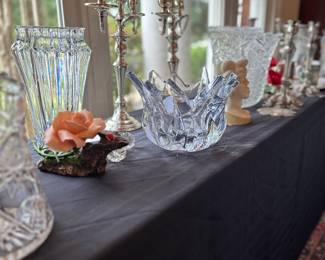 Heavy Glass bowls & vases. Sterling Silver Candle sticks.