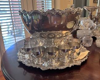 Silver plate punch bowl, cups and tray