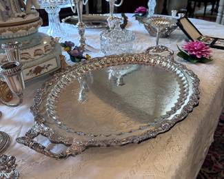 Silver Plate Platter, Sterling Dish and Candle Holders