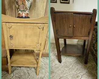 Vintge/Antique End tables. Door/doors on top with shelf on bottom. 
