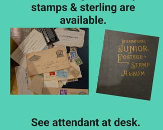 Coins, foreign currency, stamps. Near check-out desk.