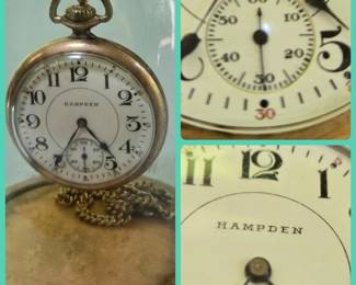 1913 Hampden open-face pocket watch. Great mechanism. Excellent condition for age. Gold plated with chain.