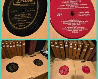 Books of 12 antique records. 
33's -  $3 book &.
45s - $5 a book. 
(on bookshelf in den)