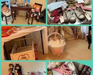 Antique & vintage Children's corner. Dolls, clothing, tea set, table & chairs, doll bed and more.