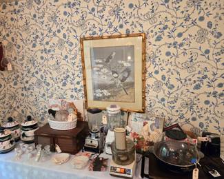 Small kitchen appliances include blender, food processor, popcorn popper, can opener & electric skillet.