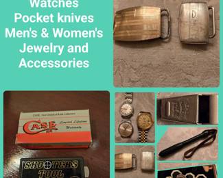 This sale includes knives, watches, shooting accessories. Most items are located in case near check-out.