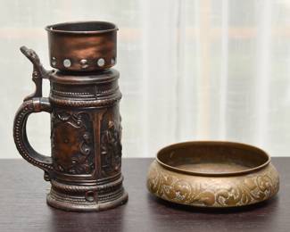 Antique Copper Beer Stein Candle holder with decorative bowl