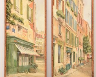 Diptych of Paris Shops street scenes framed litographs