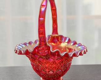 Fenton Rose cut glass bowl with handle