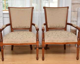 Bloomingdales Silk Upholstered Cherry Wood Arm Chairs