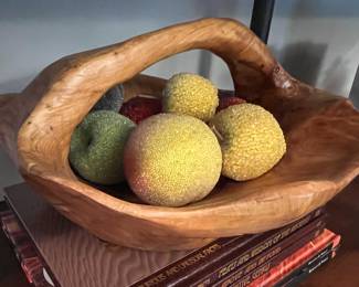 Hand carved wood bowl with faux fruit