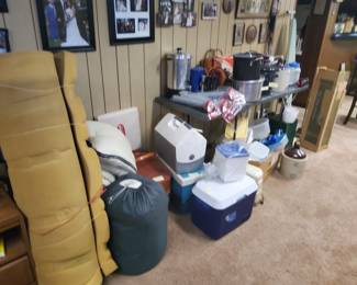 Camping supplies, coolers, sleeping bags, flashlights cooking set