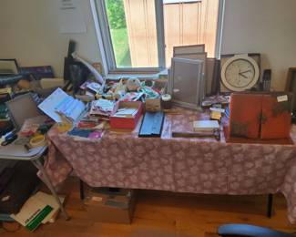 Sewing supplies, picture frames and antique drafting set 