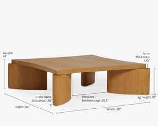 $1100 USD      Lu Oak Contemporary Square Coffee Table by Eny Lee Parker FFE258-16     Eny Lee Parker brings her thoughtfully grounded approach—an embrace of slowness, intention, and respect for nature—to an exclusive collection with Lulu and Georgia. Inspired by bojagi, a traditional wrapping cloth held dear in Korean culture, this oak coffee table features a concave tabletop set on chunky elliptic legs. We love the pairing of organic materiality with modern forms in this stunning coffee table design.

Dimensions: 50" W x 50" D x 14" H

Weight: 120 lbs

Condition: Very good.  New with two scuffs (shown in photos) occurring during delivery.

Local pick up Gaithersburg, MD 20879.  Contact us for shipper suggestions.