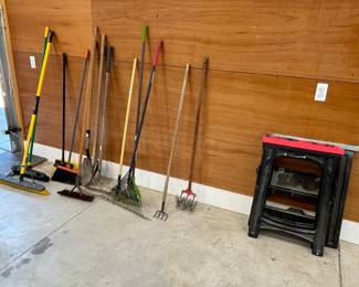 Sawhorses, brooms, gardening equipment