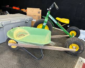 Kids wheelbarrow and John Deere pedal toy