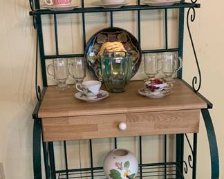 Baker's rack, green wrought iron and butcherblock