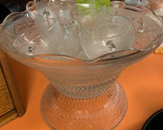 this is special.. Sandwich glass punch bowl with stand and 12 cups