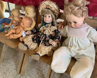 dolls, and vintage wooden folding kid's chairs