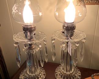 BEAUTIFUL!! matching lamps with crystals and etched glass globes. 