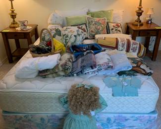 Queen size mattress and box springs, linens, matching end tables and lamps