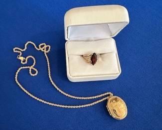 14k necklace chain with GF locket, 10k garnet ring